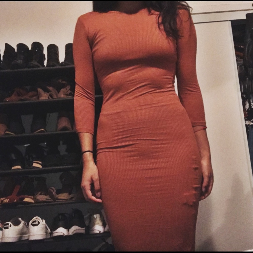 Burn Orange Ribbed Midi Body Con Dress